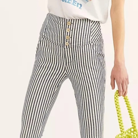 Free People Blue and White Tapered Trousers - Picture 2 of 14